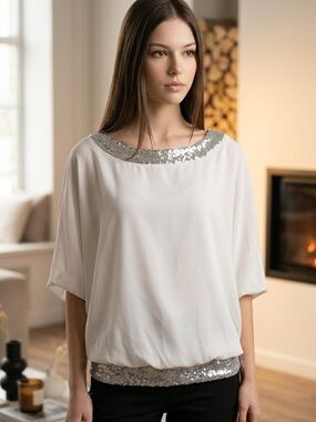 Blek White Blouson Top with Silver Sequin Trim & Pants